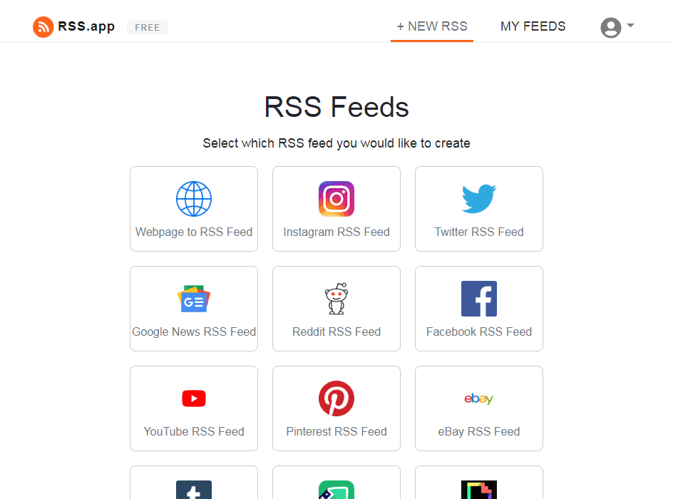 +New RSS - Select which RSS feed you would like to create - RSS.app