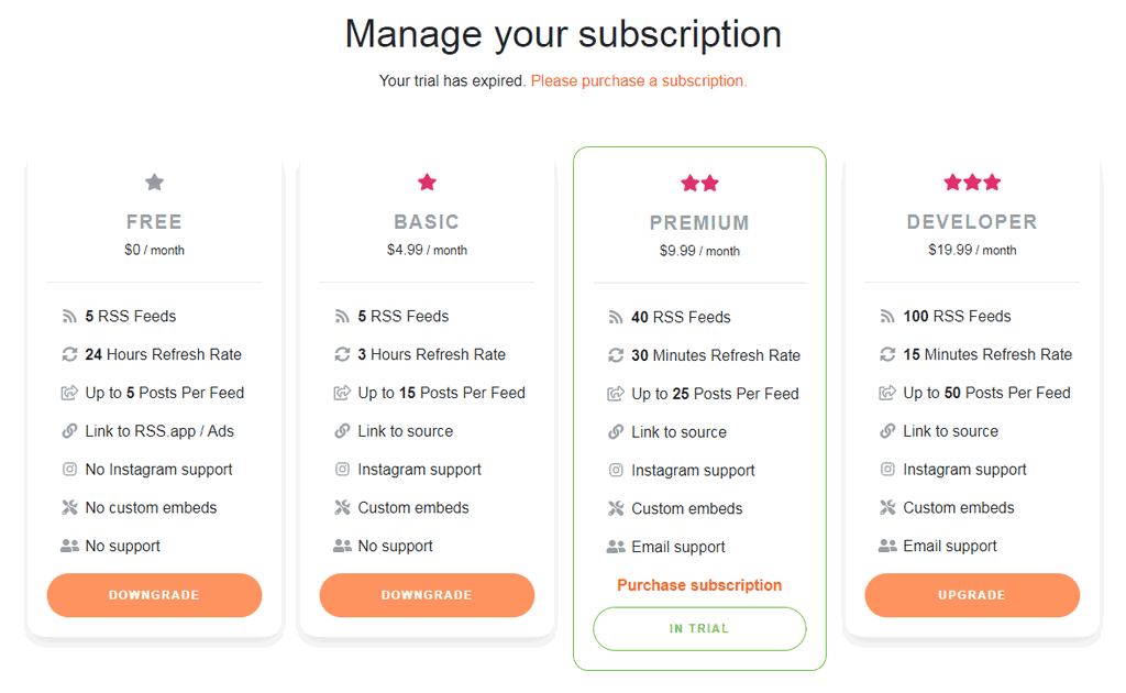 RSS.app pricing - Free, Basic, Premium and Developer Plans 價目表
