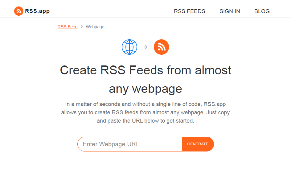 RSS.app的網頁轉RSS工具介面 Create RSS Feeds from almost any webpate - RSS.app