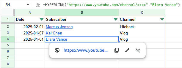 [Google 試算表的截圖，展示了 Apps Script 利用 HYPERLINK 函數將訂閱者名稱變成可點擊的超連結，例如圖中的 Elara Vance。